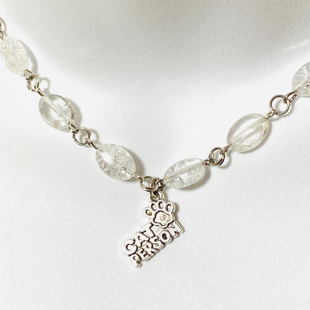 Clear Crackle Quartz Short Necklace, Gemstone & Cute Cat Person Paw Print Charm